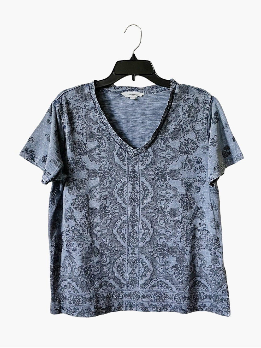 Lucky Brand V-Neck Tee Women's Size M Blue Short Sleeve Boho Lightweight Cotton
